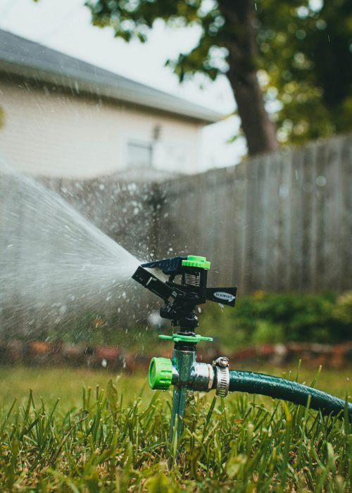 pexels-photo-17326319-17326319 A rotating garden sprinkler irrigating a backyard lawn with a fence and house in the background.